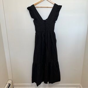O.P.T. Tiered Black Midi Dress Button Up Bodice Women's Size M in Black